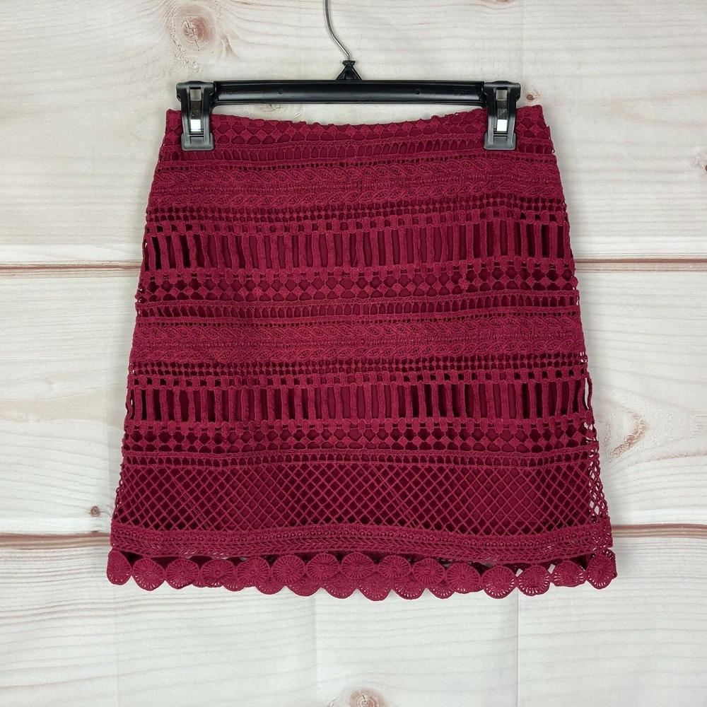 Aqua Skirt Womens Small Red Crochet A-Line Mini Solid Lined Short Side Zipper
